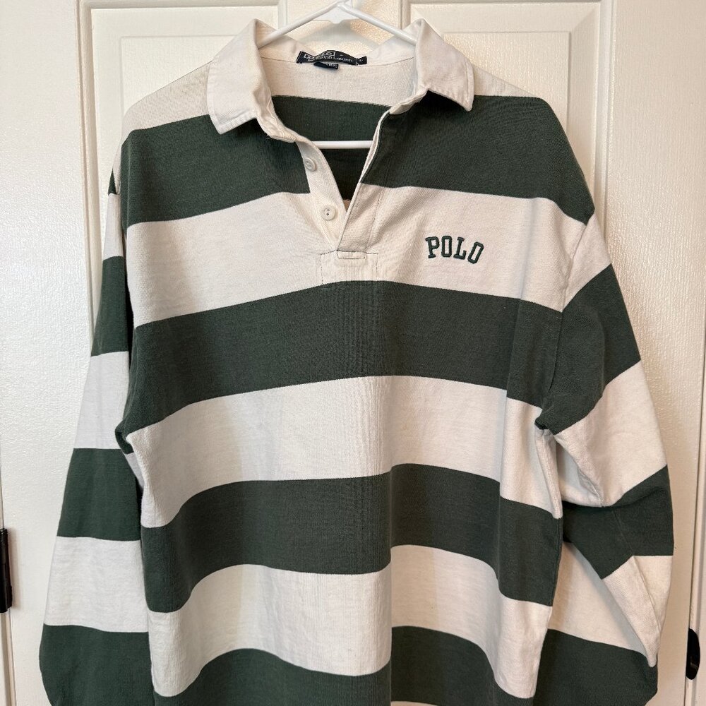 Men's vintage Polo Ralph Lauren green and white stripe rugby shirt